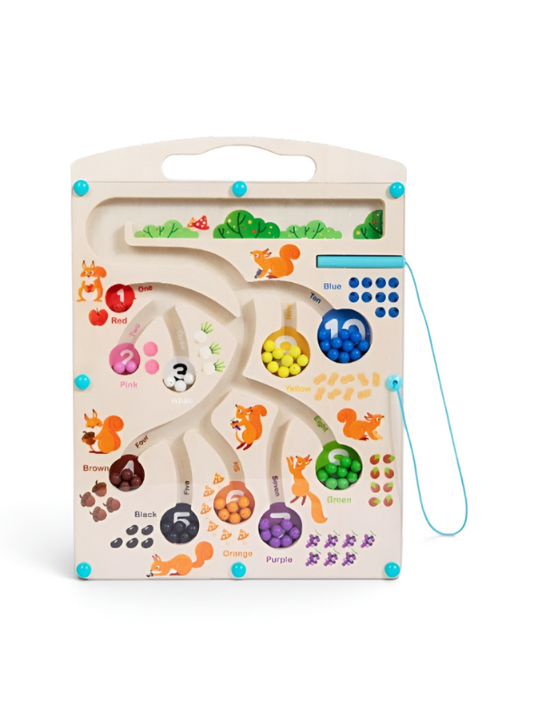 Squirrel Theme Wooden Magnetic Maze Board - Numbers & Colors Sorting Counting Activity Toy TV7117