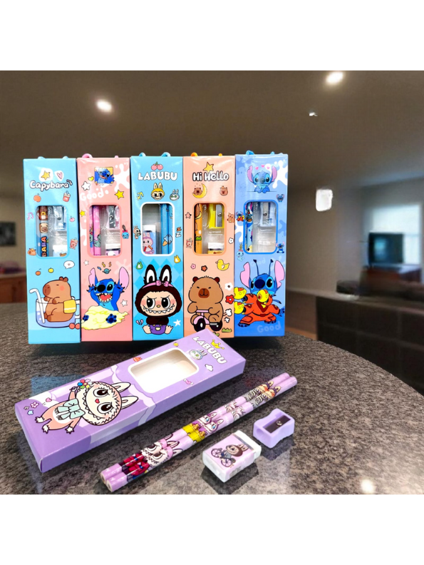 Stitch-themed Stationery Set for Kids – 2 Pencils, 1 Eraser & 1 Sharpener Combo for School Blue NOVHBC-1881224.