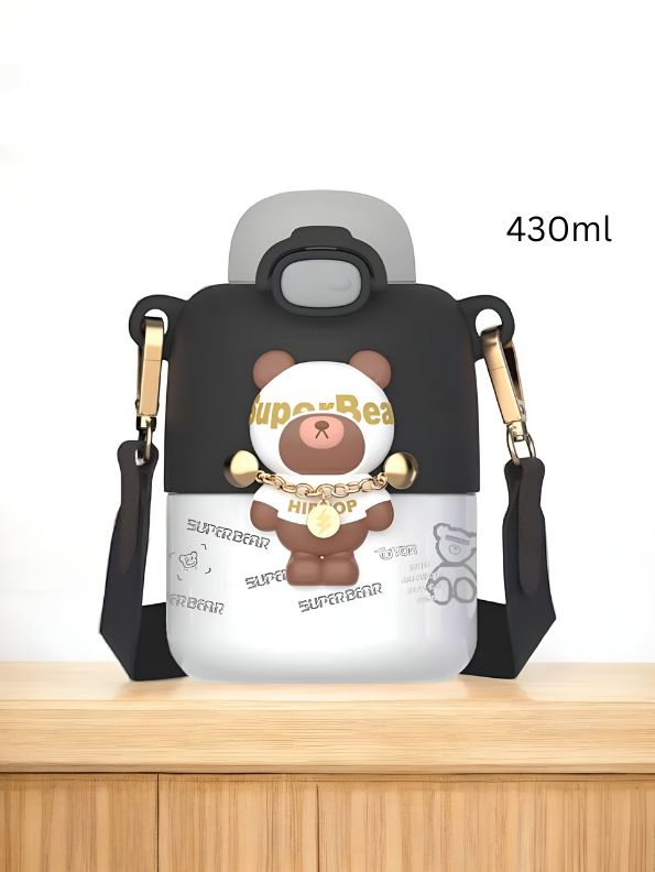 Super Bear – 430ml Stainless Steel Water Bottle | Cute Tritan Straw Sipper for Kids | Leak-Proof Cartoon School Bottle for Students & Children NOV4297.