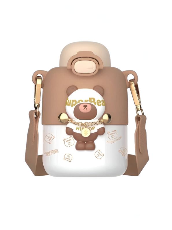 Brown - Super Bear – 430ml Stainless Steel Water Bottle | Cute Tritan Straw Sipper for Kids | Leak-Proof Cartoon School Bottle for Students & Children NOV4297.