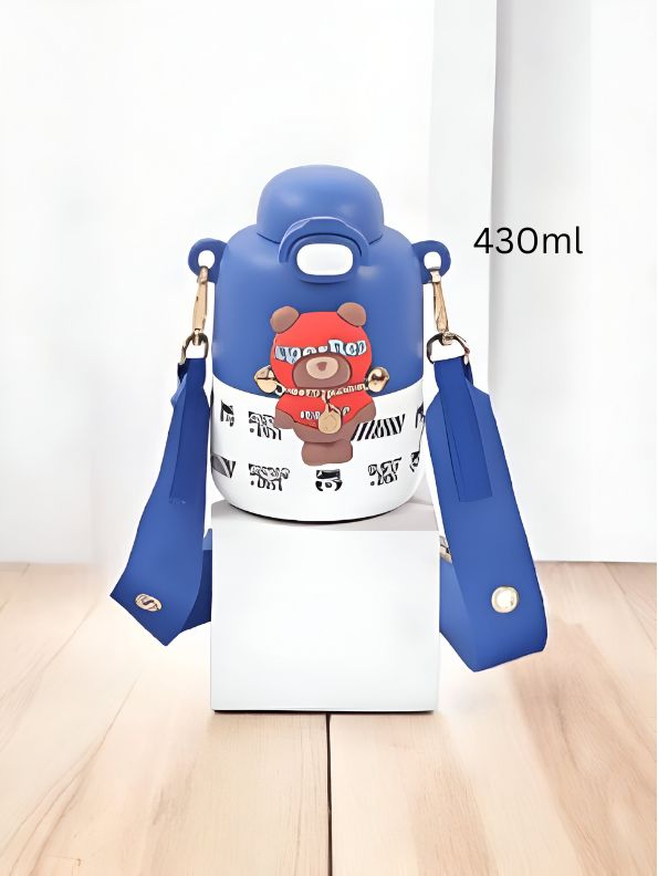 Blue - Super Bear – 430ml Stainless Steel Water Bottle | Cute Tritan Straw Sipper for Kids | Leak-Proof Cartoon School Bottle for Students & Children NOV4297.