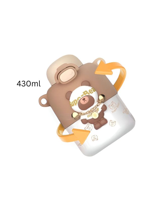 Brown - Super Bear – 430ml Stainless Steel Water Bottle | Cute Tritan Straw Sipper for Kids | Leak-Proof Cartoon School Bottle for Students & Children NOV4297.