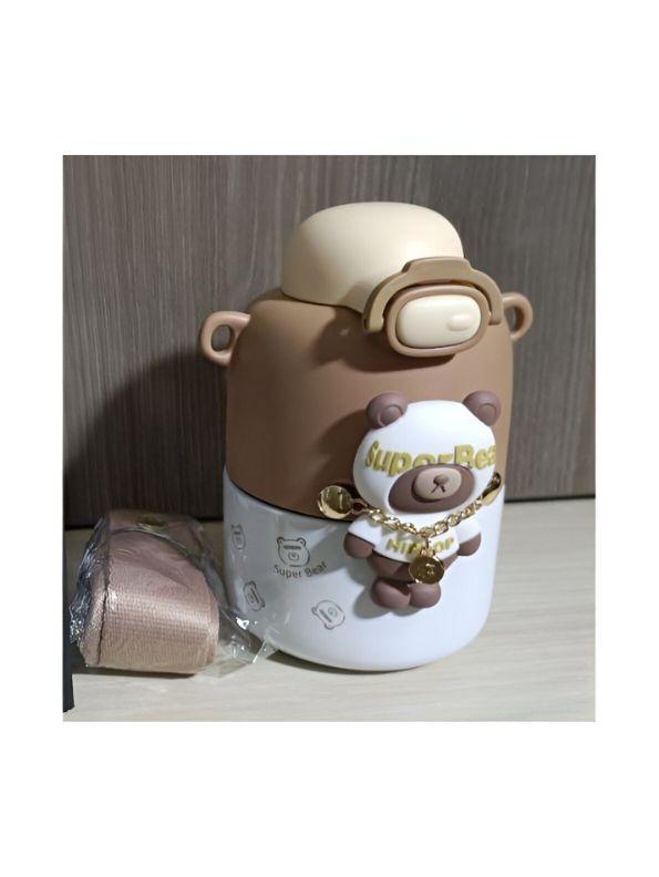 Brown - Super Bear – 430ml Stainless Steel Water Bottle | Cute Tritan Straw Sipper for Kids | Leak-Proof Cartoon School Bottle for Students & Children NOV4297.