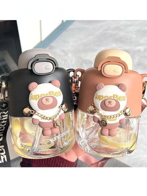 Brown - Super Bear – 430ml Stainless Steel Water Bottle | Cute Tritan Straw Sipper for Kids | Leak-Proof Cartoon School Bottle for Students & Children NOV4297.