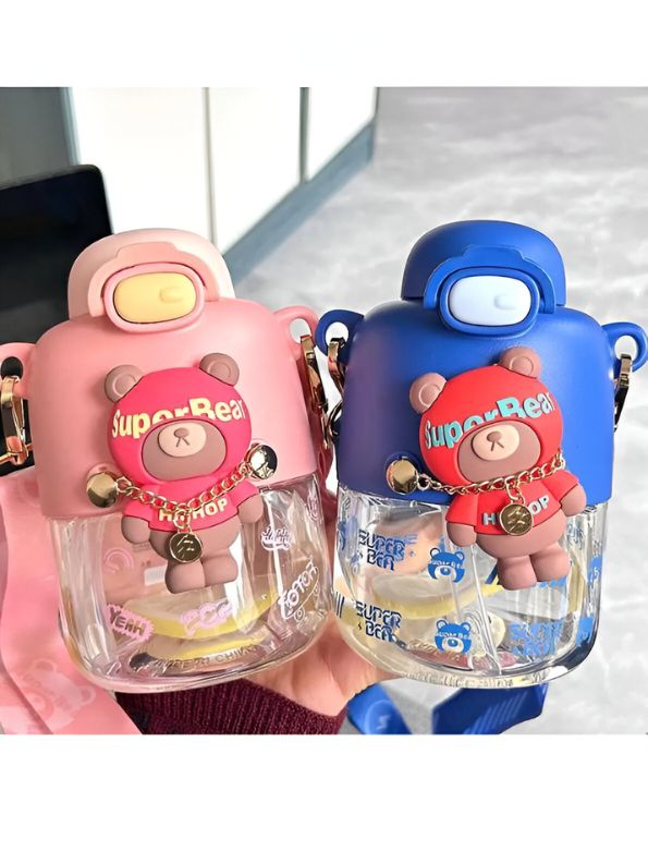 Blue - Super Bear – 430ml Stainless Steel Water Bottle | Cute Tritan Straw Sipper for Kids | Leak-Proof Cartoon School Bottle for Students & Children NOV4297.