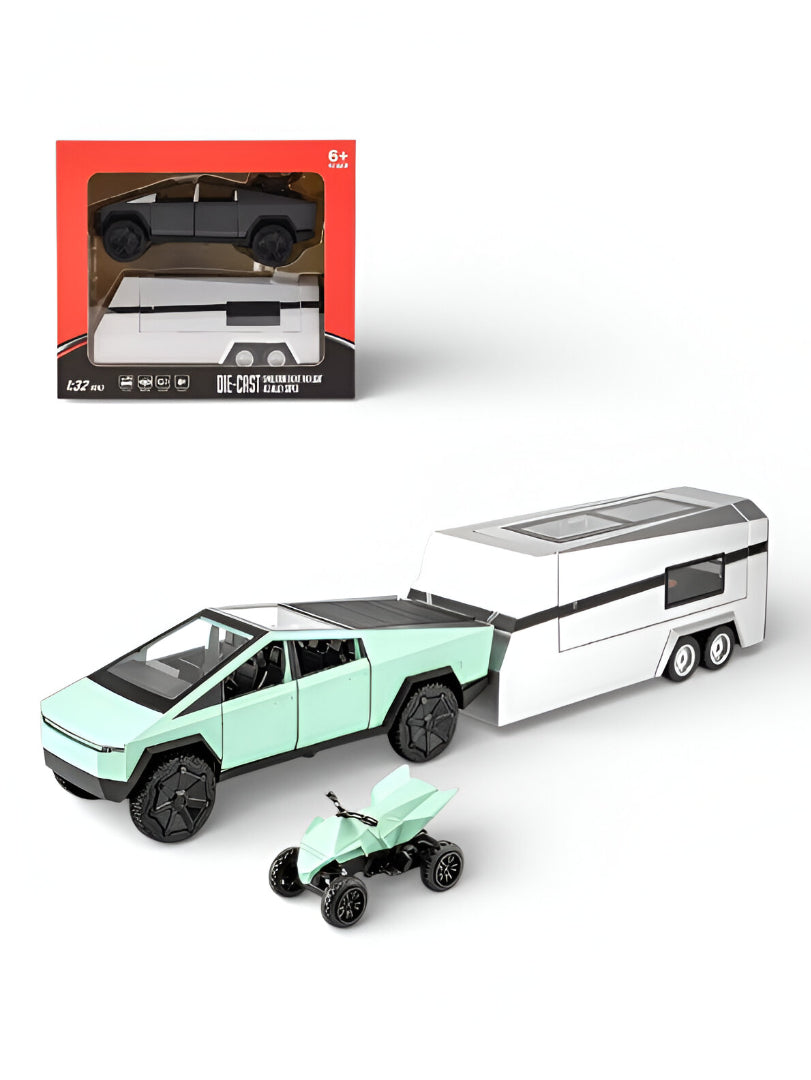 Tesla Cybertruck Miniature Diecast Model Kit - Includes Overland Camper & Cyberquad - 1/32 Scale Alloy Diecast Car Truck - Electric Vehicle Collectible - Car Enthusiasts LMI15600- Free Car Inside