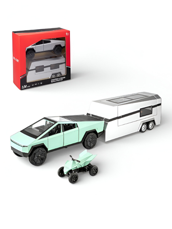 Tesla Cybertruck 1:24 Diecast Model Set with CyberTrailer and CyberQuad – Silver Edition LMI15518 - Free Car Inside.