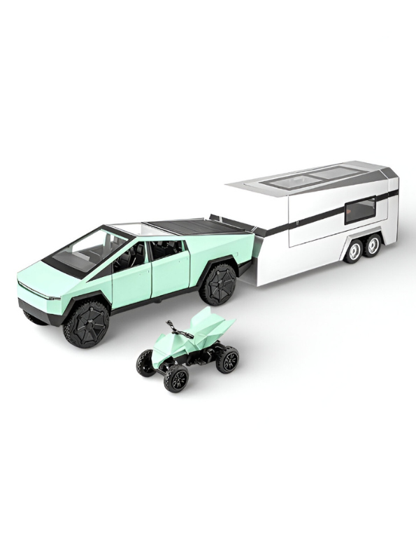 Tesla Cybertruck Diecast Set with Cyberquad and Detachable Camper Trailer - Modern Design - 1:24 Scale Collectible Electric Truck Model for Kids and Adults - Free Car Inside - LMI15687