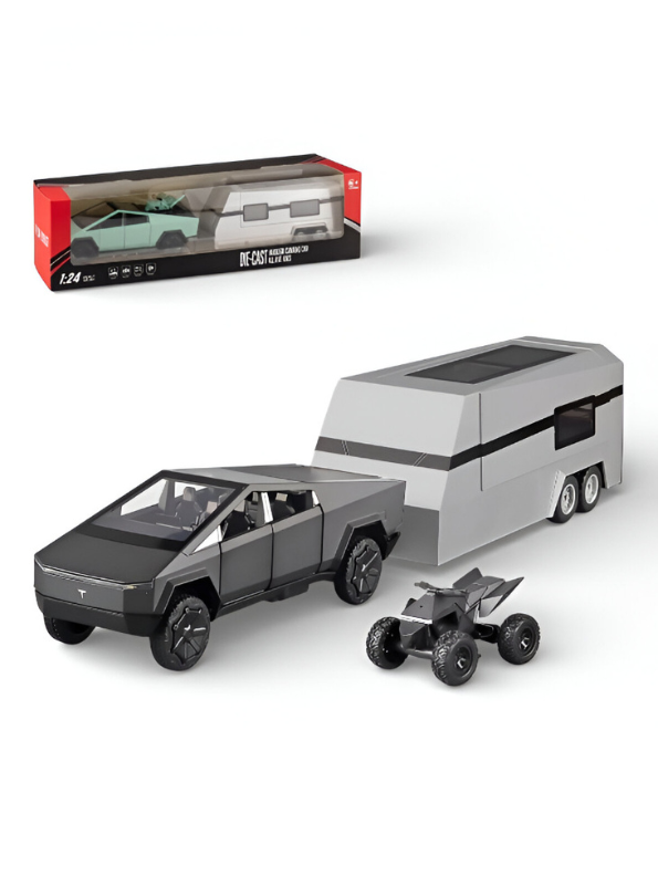 Tesla Cybertruck Diecast Set with Cyberquad and Detachable Camper Trailer - Modern Design - 1:24 Scale Collectible Electric Truck Model for Kids and Adults LMI15687
