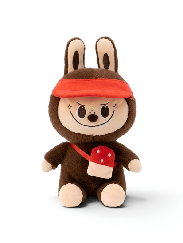Brown Labubu Plush with Red Visor and Mushroom Crossbody Bag – 10-Inch Soft Forest Creature Stuffed Animal Toy for Kids and Collectors ST15996