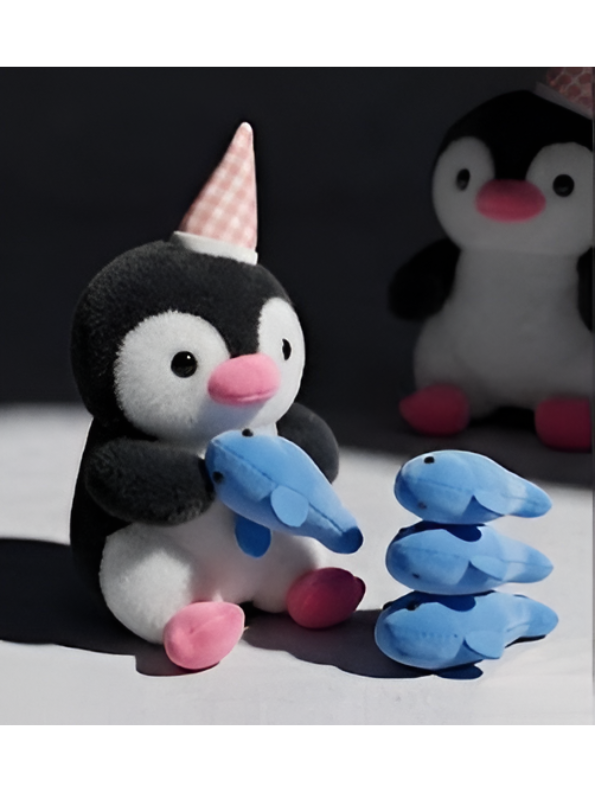 Penguin 8-Inch Cute Plush Toy with Party Hat and Blue Fish | Black Soft Stuffed Animal for Kids and Toddlers ST16026