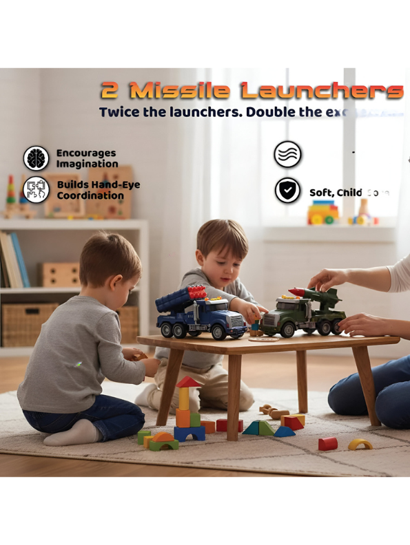 2-Pack Military Missile Launcher Toy Trucks – Friction-Powered Army Vehicles with Lights & Sounds, Green & Blue Rocket Launcher Trucks for Kids Ages 3+ | LMI15422