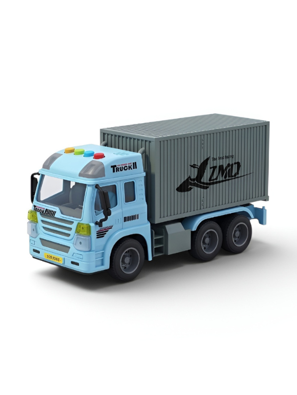 6-Wheel Red Toy Container Truck with Opening Side and Rear Cargo Doors – Blue Friction Powered Transport Vehicle with Lights and Sound for Kids NX16772