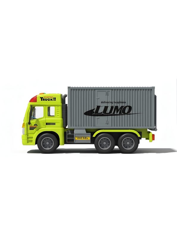 6-Wheel Red Toy Container Truck with Opening Side and Rear Cargo Doors – Neon Green Friction Powered Transport Vehicle with Lights and Sound for Kids NX16772