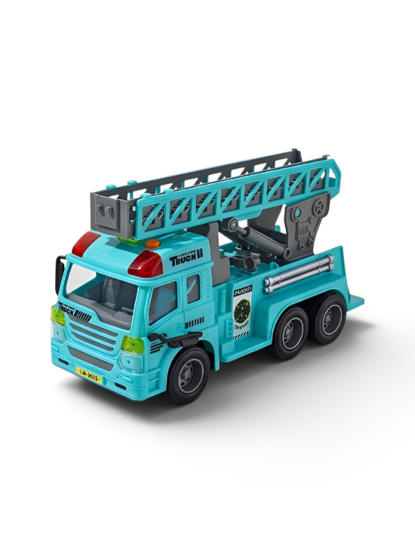Fire Rescue Ladder Truck – Blue Extendable 360° Rotating Aerial Ladder, Realistic Dashboard Interior, Friction Powered Construction Vehicle for Kids NX16731