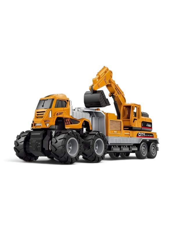 2-in-1 Friction Powered Construction Truck Toy with Excavator Digging Arm – Heavy Duty Transport Trailer for Toddlers & Kids NX13826