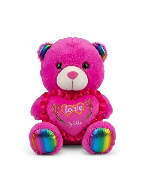 Teddy Bear Plush Toy 21 cm with Rainbow Ears & Feet – “Love You” Heart Soft Toy Pink ST16121.