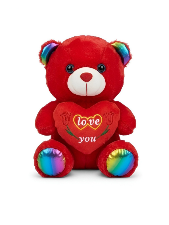 Teddy Bear Plush Toy 21 cm with Rainbow Ears & Feet – “Love You” Heart Soft Toy Red ST16121.