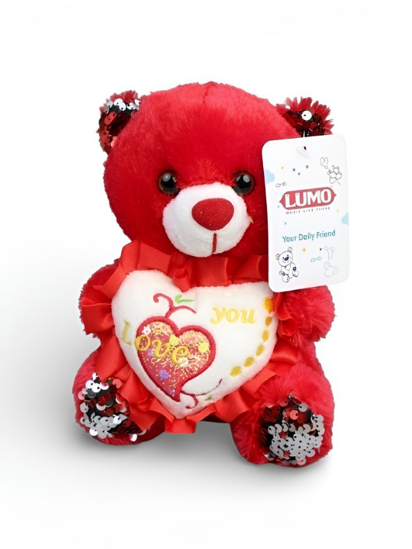 Teddy Bear with Red Sequin Ears and Heart – Soft Plush Toy ST16175.