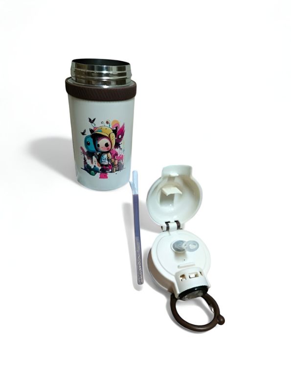 White - Temperature Control Stainless Steel Water Bottle – 550ml Cartoon Aesthetic Design with Push Button Sipper NOV8420.