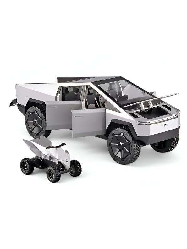 Silver - Tesla Cybertruck Diecast Model – Pullback Toy Car | Collectible Metal Truck with Acrylic Display Case.