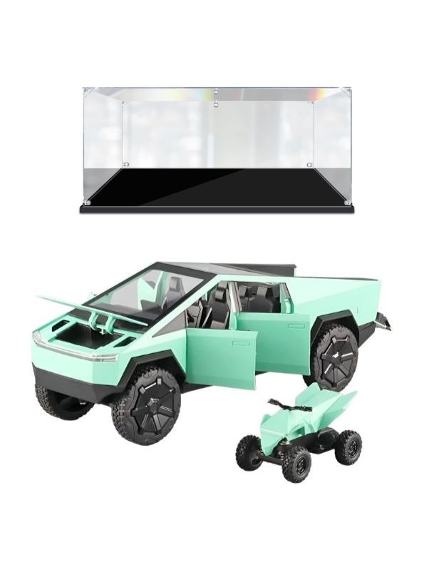 Green - Tesla Cybertruck Diecast Model – Pullback Toy Car | Collectible Metal Truck with Acrylic Display Case.