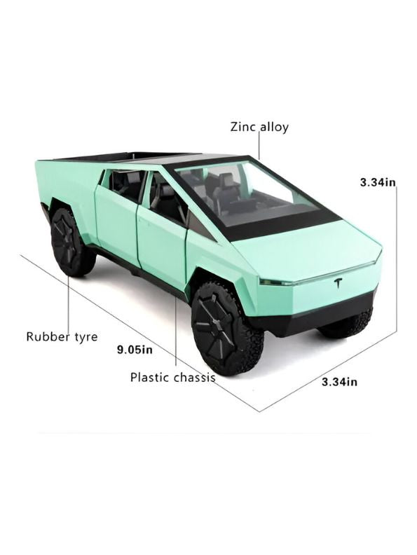 Green - Tesla Cybertruck Diecast Model – Pullback Toy Car | Collectible Metal Truck with Acrylic Display Case.