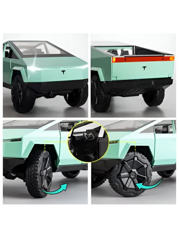 Green - Tesla Cybertruck Diecast Model – Pullback Toy Car | Collectible Metal Truck with Acrylic Display Case.