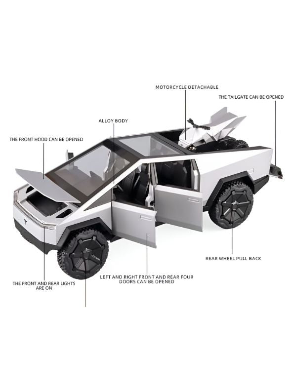 Silver - Tesla Cybertruck Diecast Model – Pullback Toy Car | Collectible Metal Truck with Acrylic Display Case.