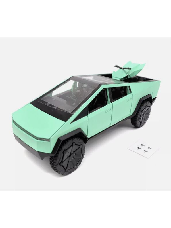 Green - Tesla Cybertruck Diecast Model – Pullback Toy Car | Collectible Metal Truck with Acrylic Display Case.