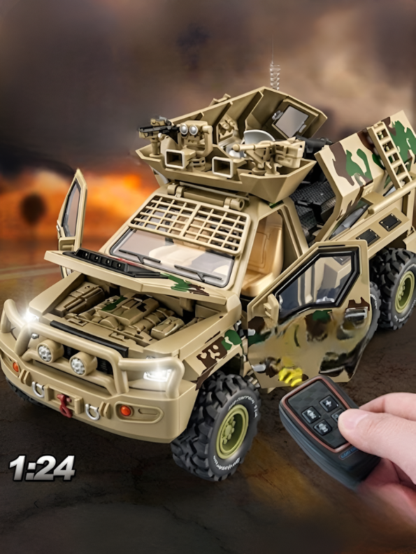 Tiger Alloy RC Armored Vehicle: 1/24 Military 6x6 Off-Road Truck with Removable Machine Gun, Simulation Sound & Lighting, and Functional Hood/Doors TV5619