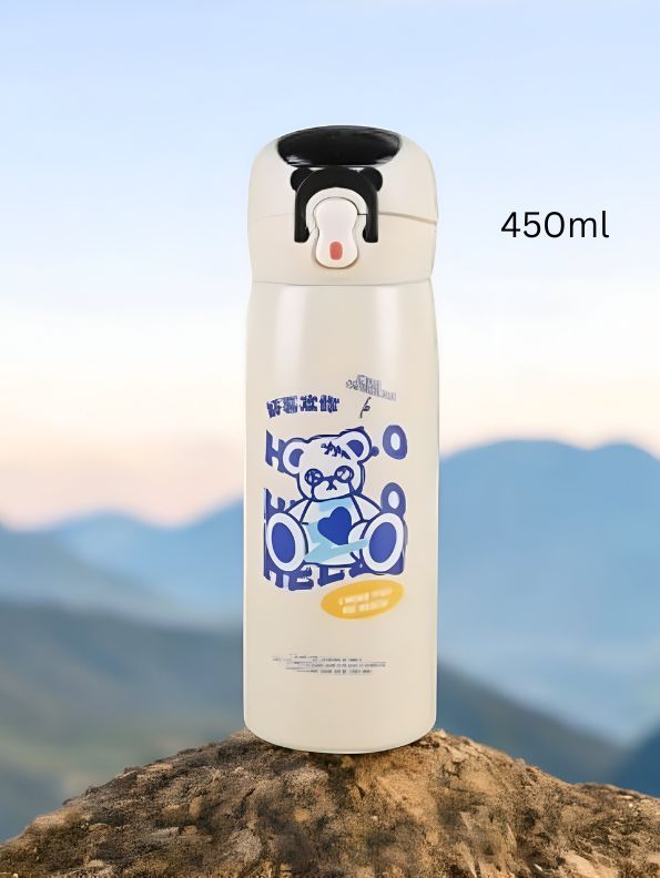 White - TinyHydro – Cartoon Print Bottle 450ml Stainless Steel, Push Button with Lock, Smart Temp Display NOV7250.
