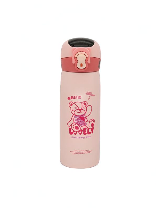 Pink - TinyHydro – Cartoon Print Bottle 450ml Stainless Steel, Push Button with Lock, Smart Temp Display NOV7250.