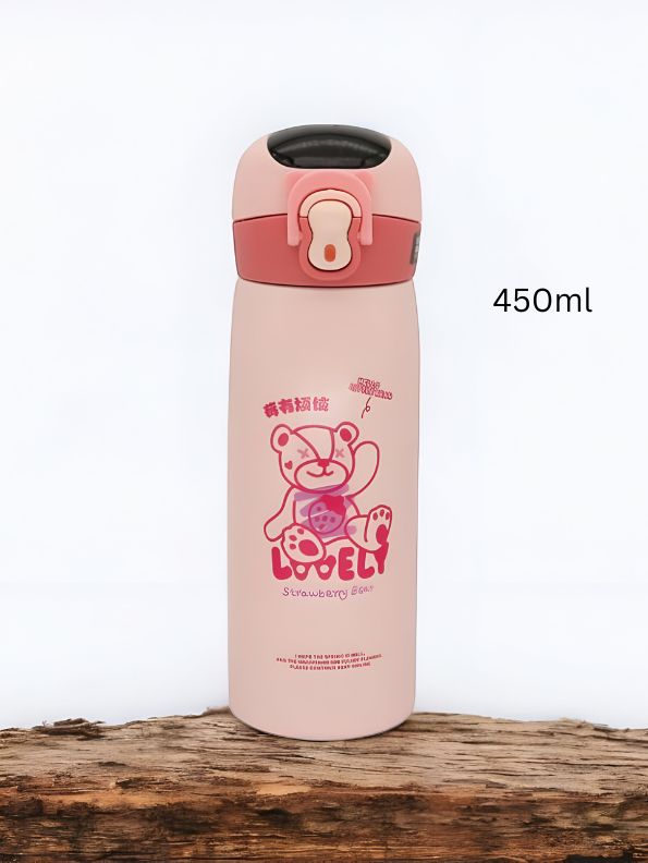 Pink - TinyHydro – Cartoon Print Bottle 450ml Stainless Steel, Push Button with Lock, Smart Temp Display NOV7250.