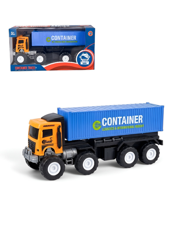 Heavy-Duty Friction Powered Container Truck Toy with Alloy Core Build, 8-Wheel Monster Tires & Durable Transport Design for Kids (Yellow & Blue) TV4472