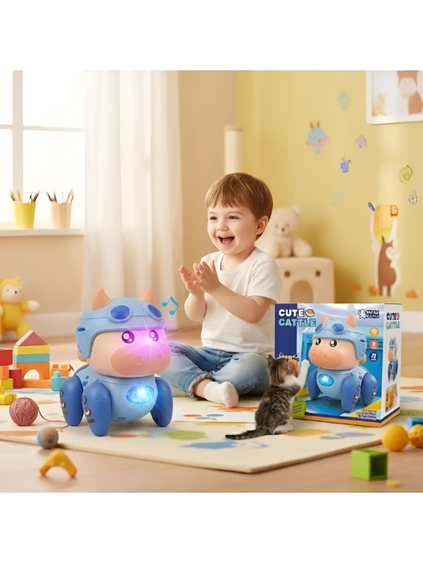 Interactive Musical Walking Cow Toy for Toddlers – Blue Electronic Dancing Baby Cow with LED Lights and Sound | Educational Robotic Animal Toy for Boys and Girls (Ages 3+) TV4667