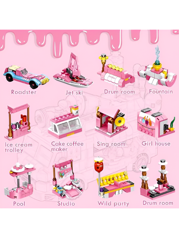 Pink Ice Cream Truck Building Blocks Set – 623+ Piece 3-in-1 City Food Van Construction Toy for Girls, Creative Educational Pretend Play Gift for Kids Ages 6+ MD2531