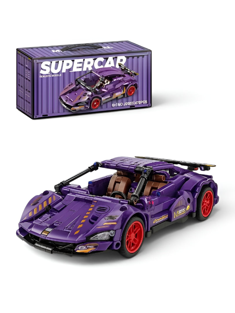 Mechanical Supercar Building Block Set – 1:18 Scale Purple Pull-Back Racing Car Toy with Scissor Doors & Rotating Steering Wheel – Creative STEM Kit for Kids Ages 6+ TV6044