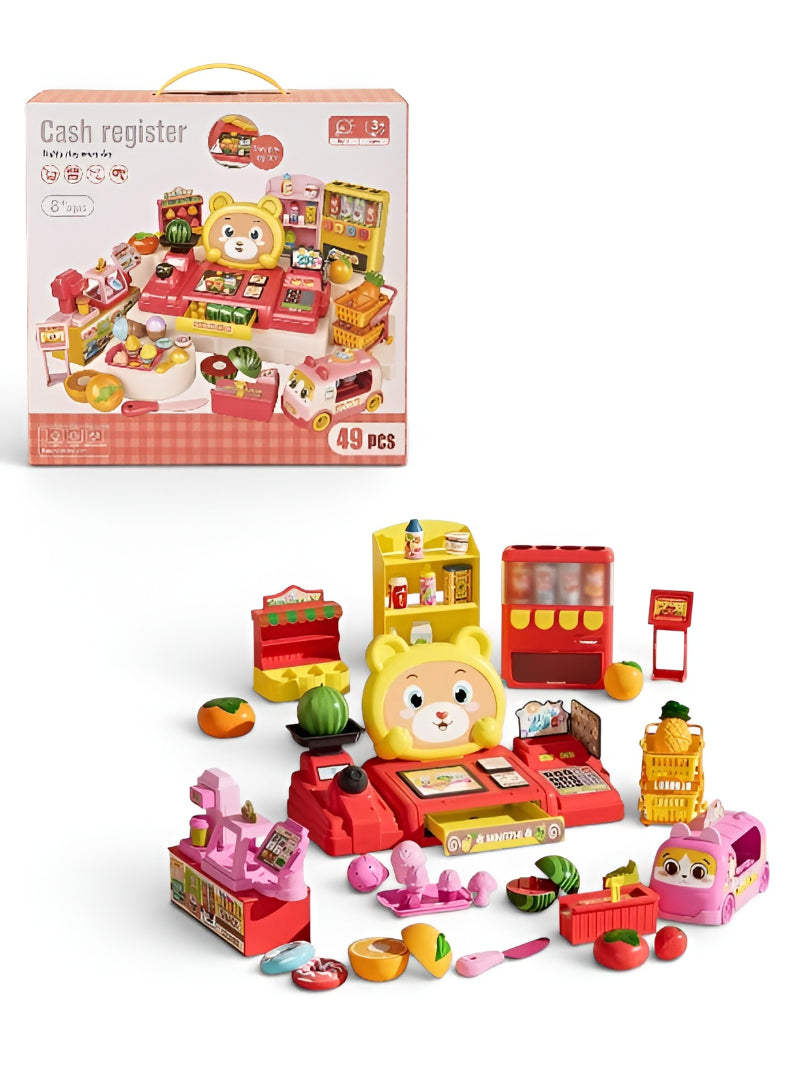 49-Piece Kids Supermarket Cash Register Toy Set with Lights & Sound – Interactive Pretend Play Grocery Store with Shopping Cart, Scanner, and Realistic Play Food TV5784