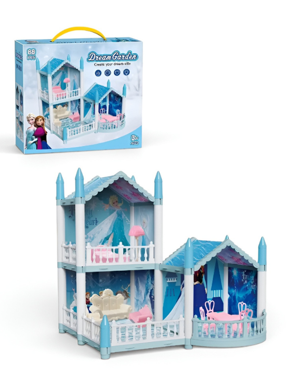 DreamGarden Frozen-Themed DIY Dollhouse Villa - Ice Castle Play Set with Furniture, Mini Doll, and LED Lights for Kids Ages 3+ TV5681