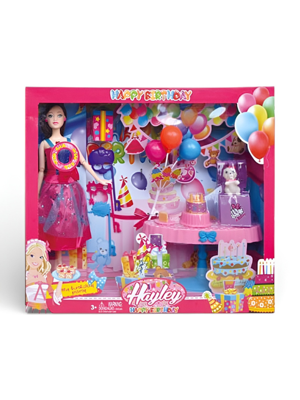 Hayley Birthday Celebration Doll Playset with Party Accessories, Fashion Doll, Table Setup, Cake, Balloons & Pet Dog – Perfect Gift Toy for Girls Ages 3+ NX13254