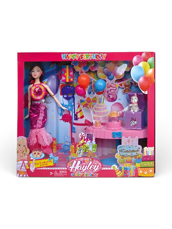 Hayley Birthday Celebration Fashion Doll Playset for Girls (Ages 3+) – Includes Party Dress, Mini Cake, Balloons & Adorable Pet Puppy Accessories NX13254
