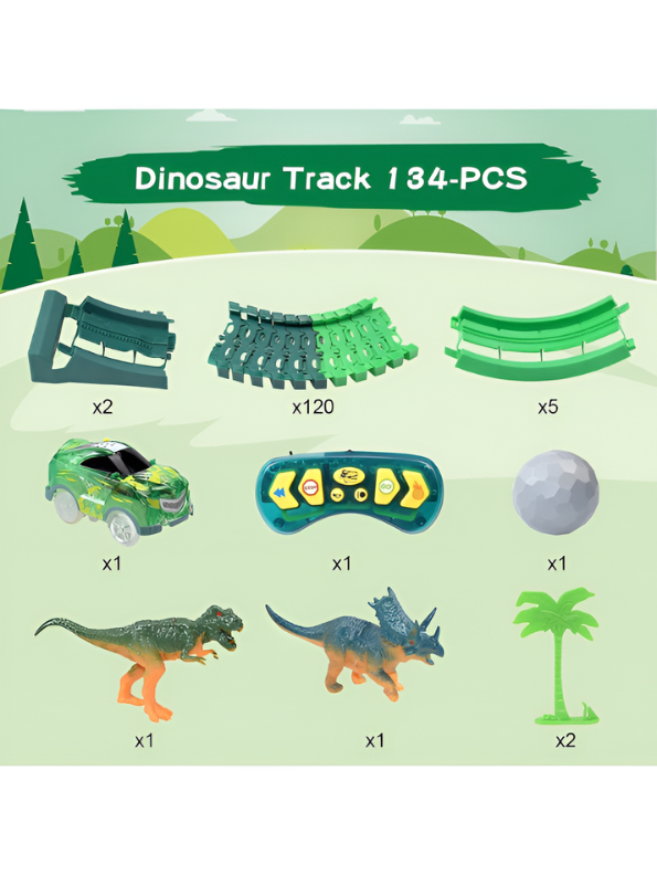 134-Piece Remote Control Dinosaur Track Set with 360° Stunt Loop & LED Racing Car – Educational Buildable Dino Track Toy for Kids MD380