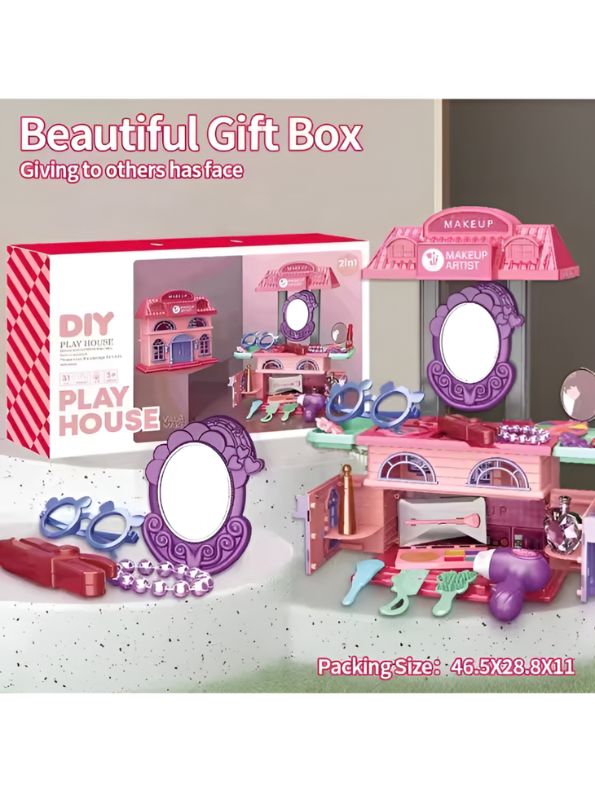 2-in-1 DIY Makeup Vanity & Dollhouse Playset for Kids – 31-Piece Pretend Beauty Station TV6025