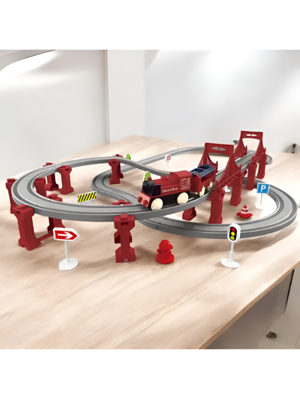 Mini Train Track Play Set for Kids – Educational Rail Road Toy with Bridge, Locomotive, and Traffic Accessories – Interactive Steam Train Building Kit for Toddlers TV5163