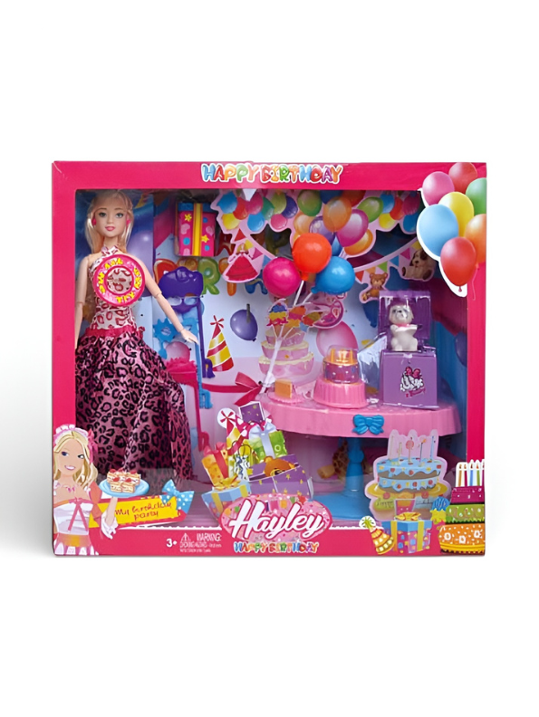 Hayley Happy Birthday Fashion Doll Playset – Leopard Print Gown, Party Table, Birthday Cake & Pet Dog | Celebration Toy Gift Set for Girls Ages 3+ NX13254