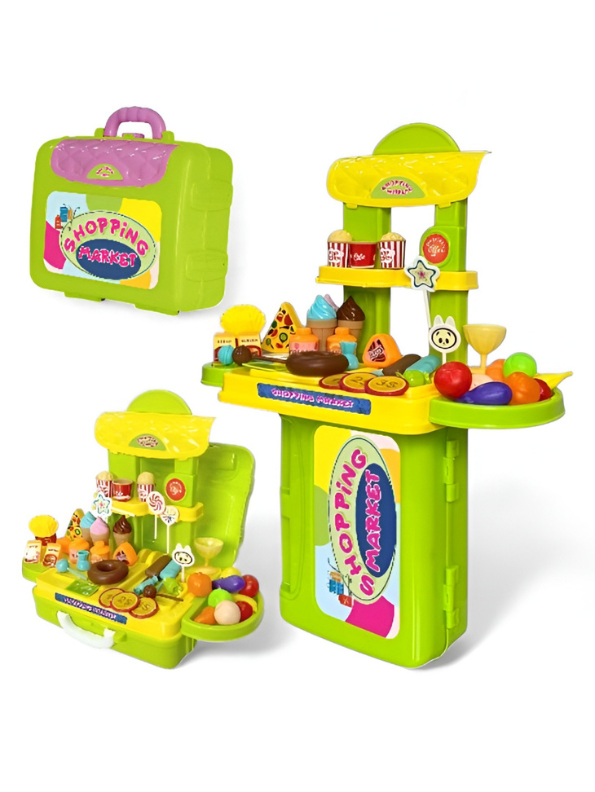 3-in-1 Portable Kids' Shopping Market Play Set – Convertible Suitcase Supermarket Toy with Food Accessories TV5962