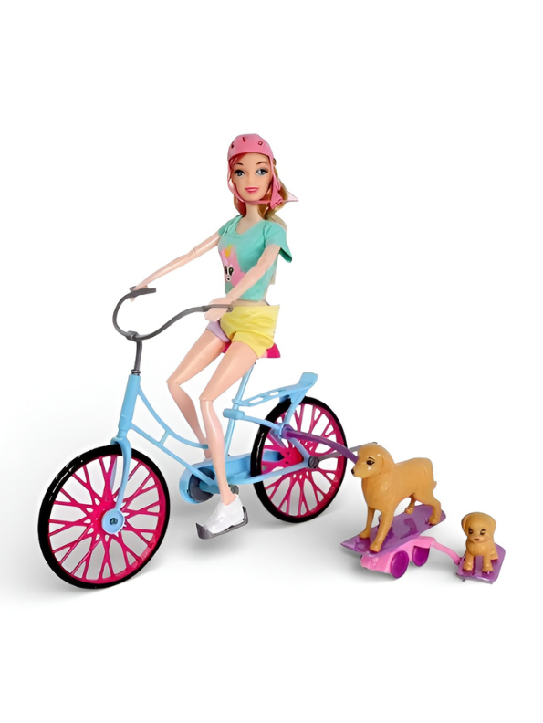 Baonier Fashion Doll & Bicycle Playset with Two Pet Dogs, Skateboarding Trailer & Interactive Accessories for Kids’ Creative Play NX15420