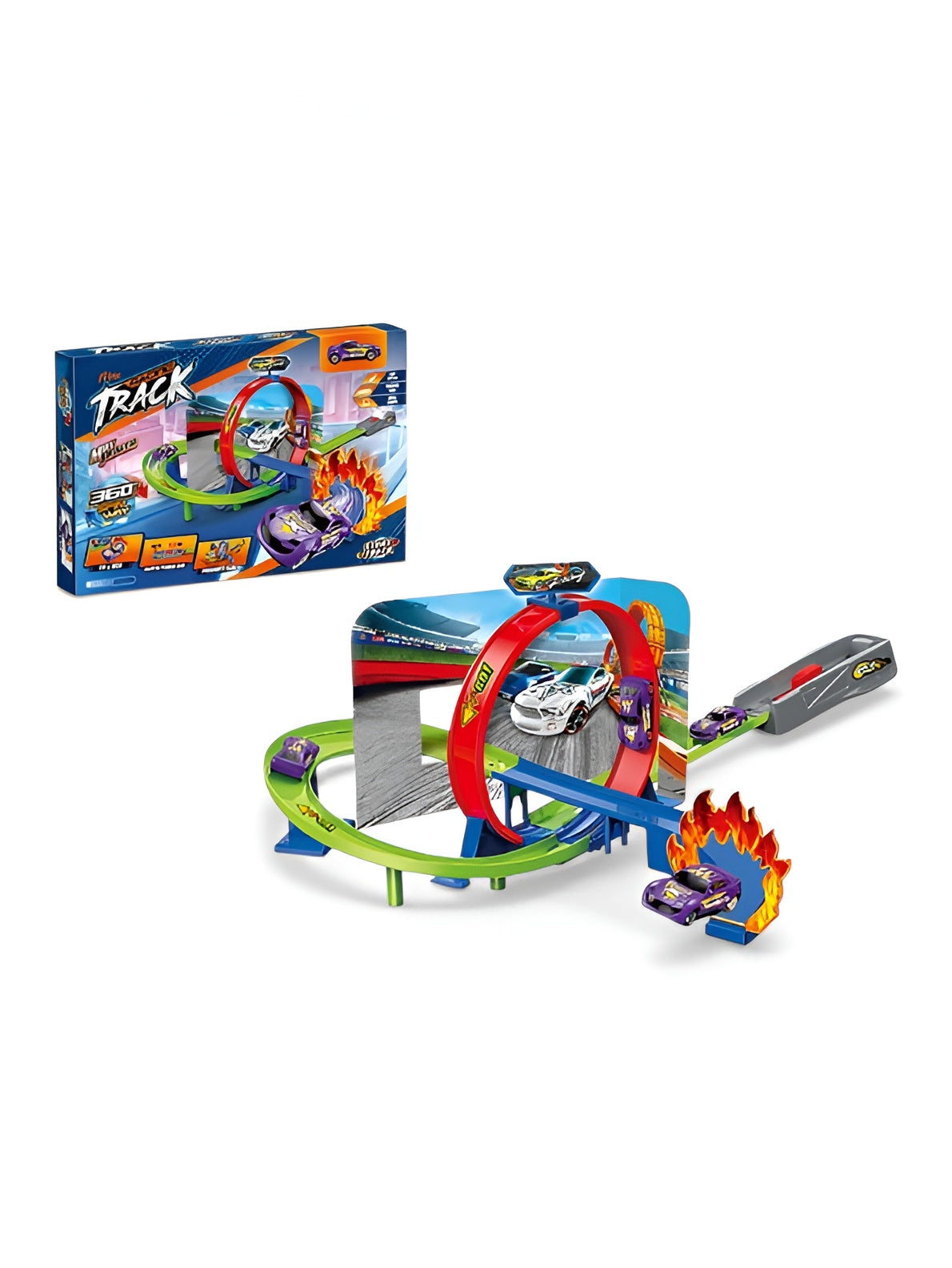 High-Speed Kids Racing Track Set with 360° Gravity Loop, Inertia Power Launcher & Fire Jump Stunt – Action-Packed Toy Car Playset for Ages 3+ TV1833