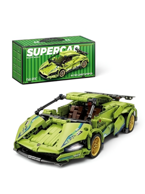 Mechanical Supercar Building Block Set - Lime Green Sports Car with Pull-Back Action, Opening Scissor Doors & Realistic Mechanics - STEM Toy Kit for Kids & Adults TV6045